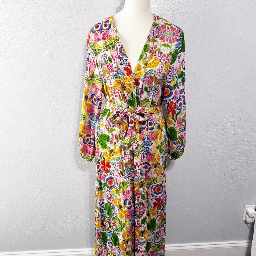 Women's Floral Long Robe with Self Tie — Multicolor
